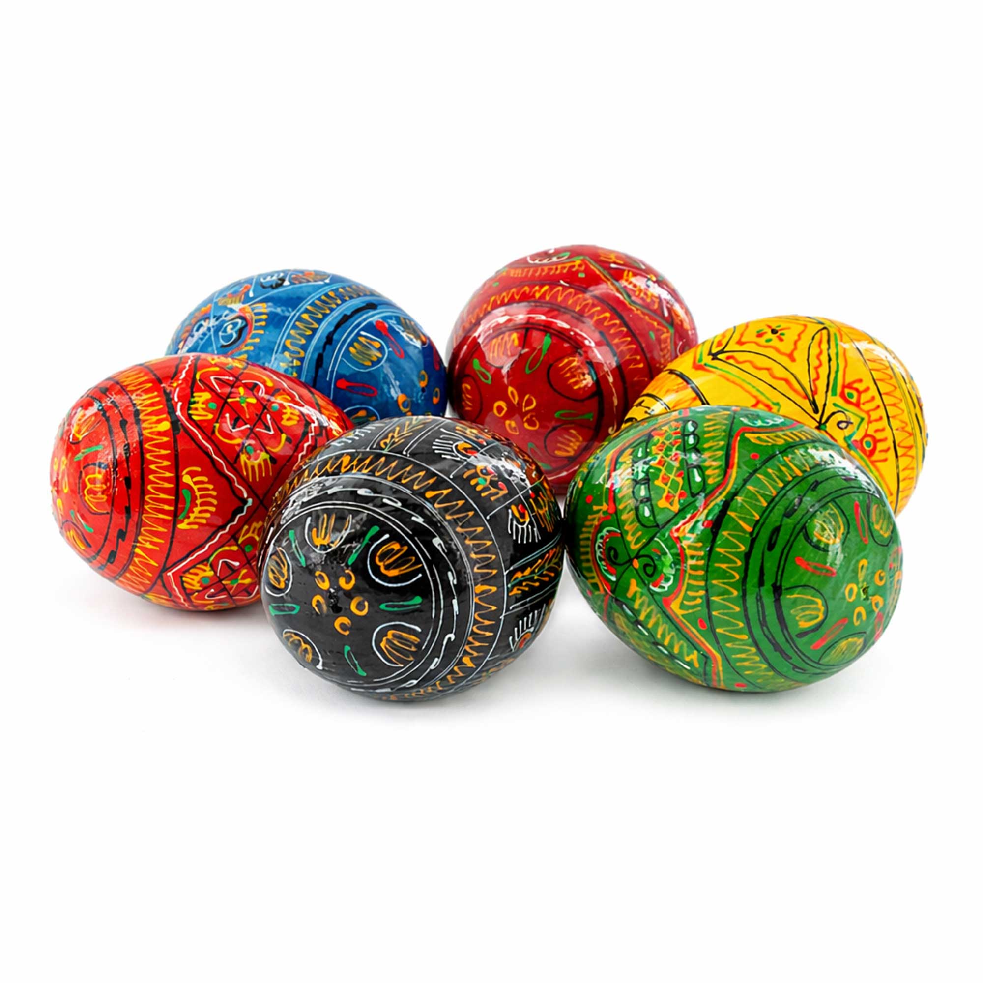 Set of 6 Geometric Pysanky Ukrainian Wooden Easter Eggs 2.5 InchesUkraine , dimensions in inches: 2.25 x 1.75 x 1.75