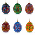 Set of 6 Ukrainian Geometric Wooden Pysanky Easter Eggs Ornaments in Multi color Oval