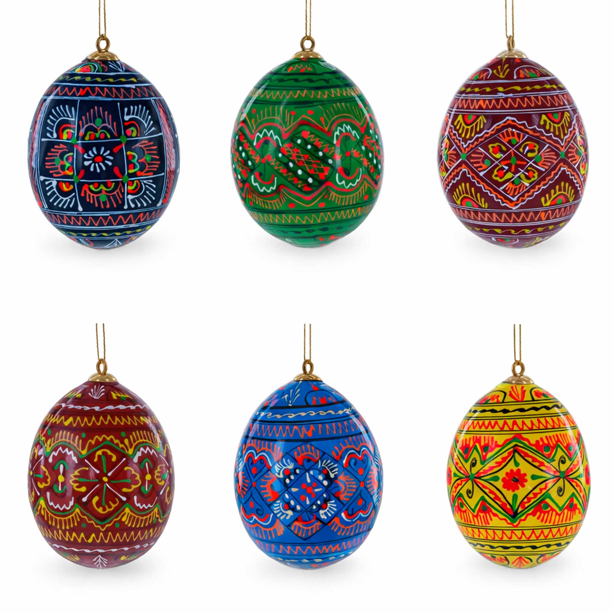 Set of 6 Ukrainian Geometric Wooden Pysanky Easter Eggs Ornaments in Multi color Oval