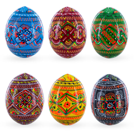Set of 6 Geometric Ukrainian Pysanky Wooden Easter Eggs 2.5 Inches in Multi color Oval