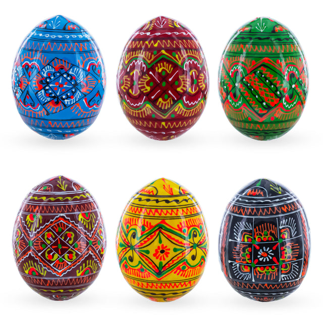 Set of 6 Geometric Ukrainian Pysanky Wooden Easter Eggs 2.5 Inches in Multi color Oval