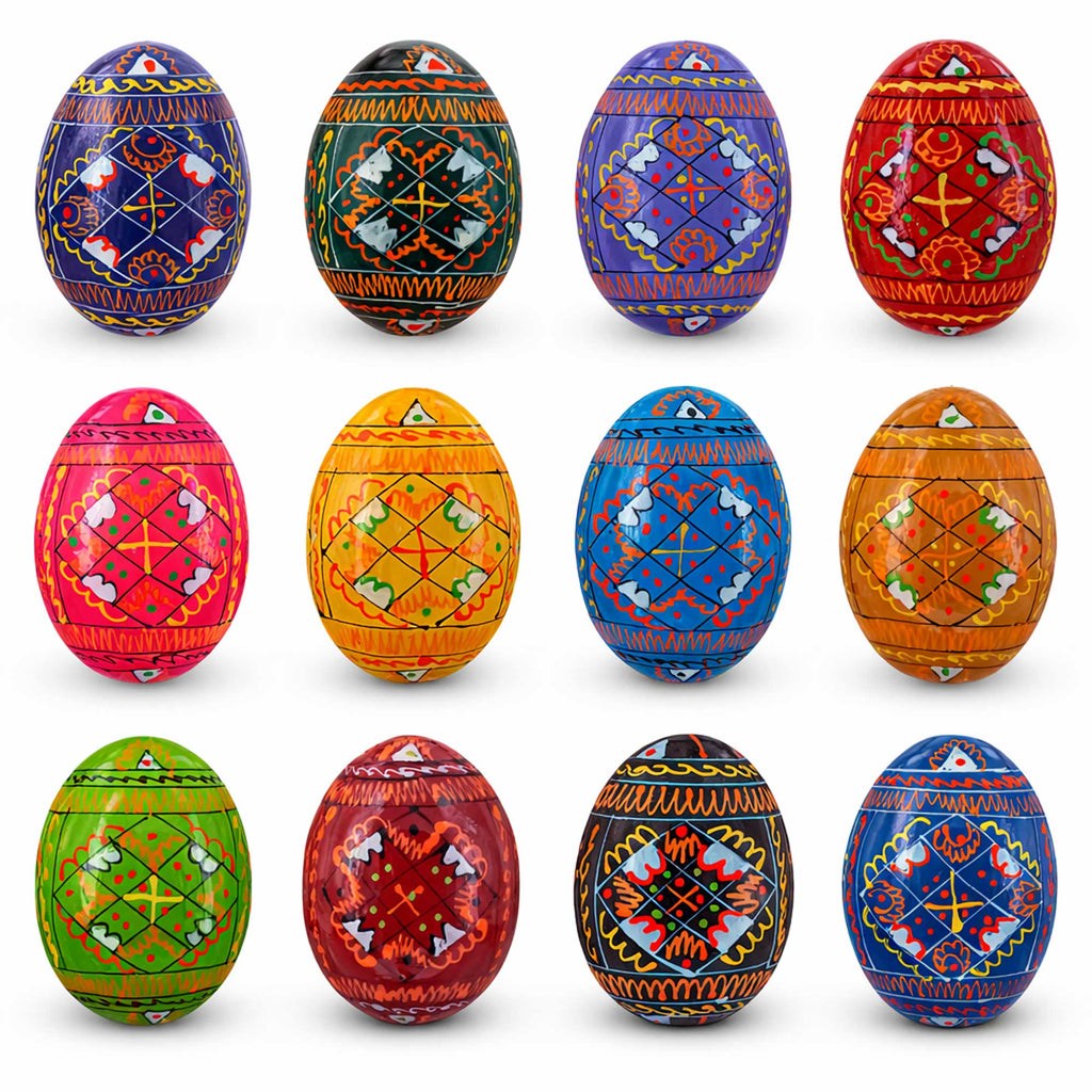 Set of 12 Handcrafted Geometric Ukrainian Pysanky Wooden Easter Eggs 2.5 Inches in Multi color Oval