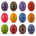 Set of 12 Handcrafted Geometric Ukrainian Pysanky Wooden Easter Eggs 2.5 Inches in Multi color Oval