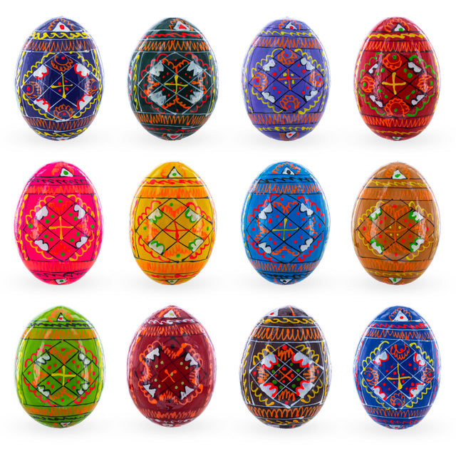Set of 12 Handcrafted Geometric Ukrainian Pysanky Wooden Easter Eggs 2.5 Inches in  color Oval