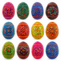 Set of 12 Geometrical Wooden Ukrainian Easter Eggs Pysanky 2.5 Inches in Multi color Oval