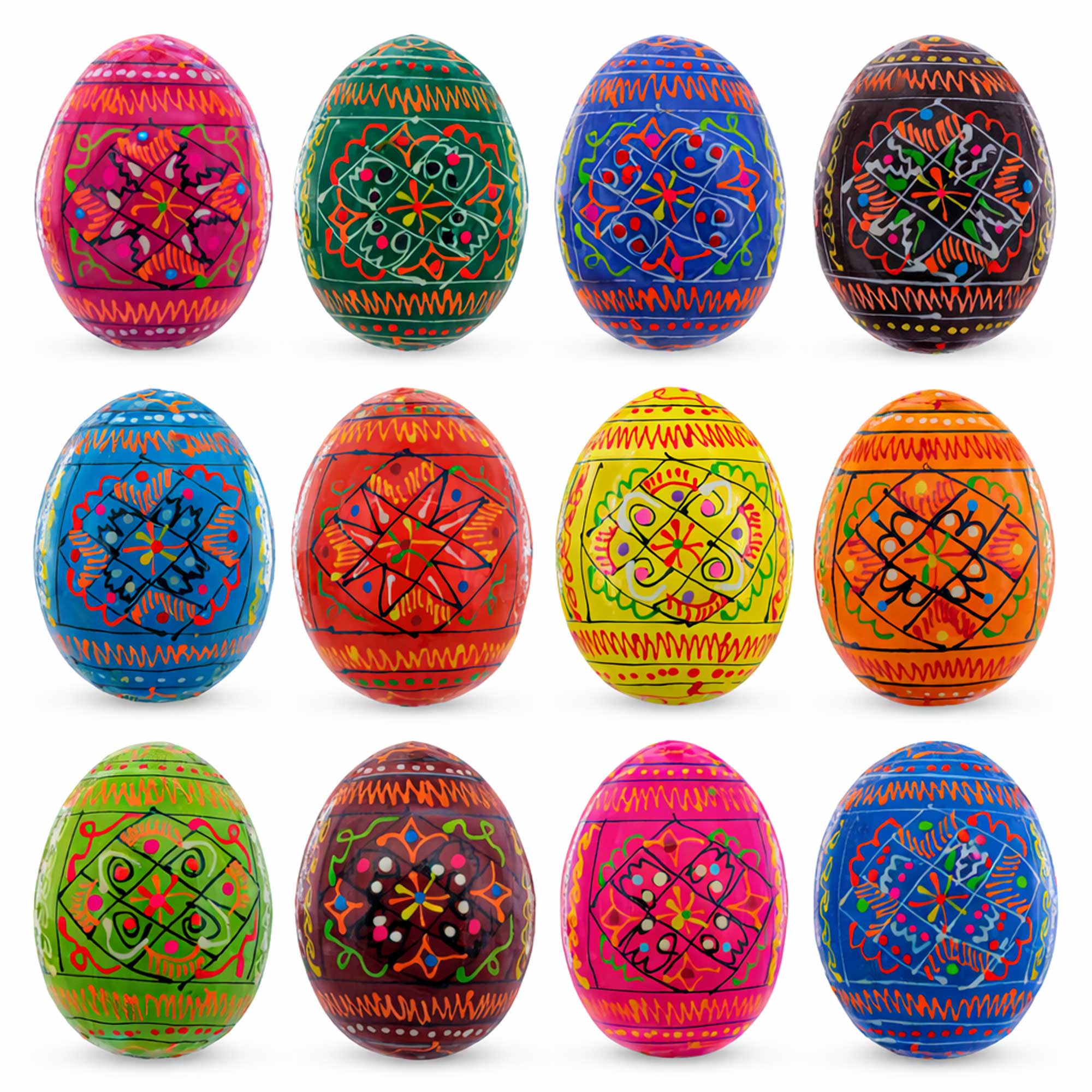 Set of 12 Geometrical Wooden Ukrainian Easter Eggs Pysanky 2.5 Inches in Multi color Oval