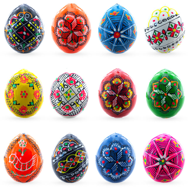 Set of 12 Ukrainian Wooden Easter Eggs Pysanky 1.5 Inches in Multi color Oval