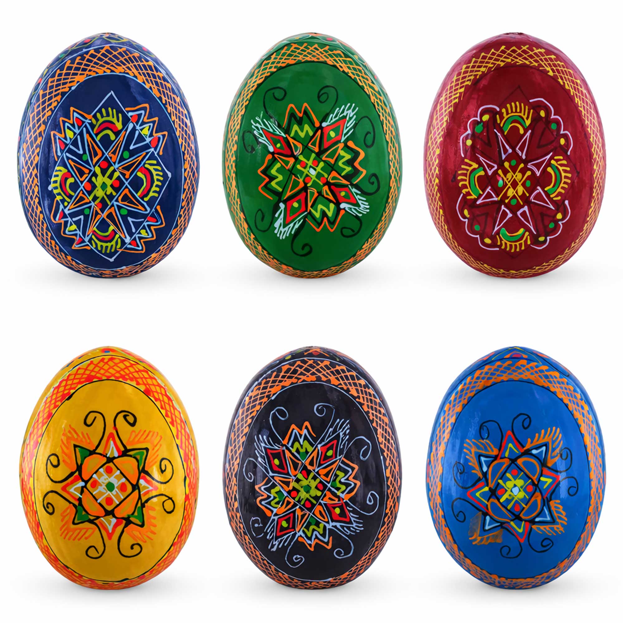 Set of 6 Multicolor Ukrainian Pysanky Wooden Easter Eggs 2.5 Inches in Multi color Oval
