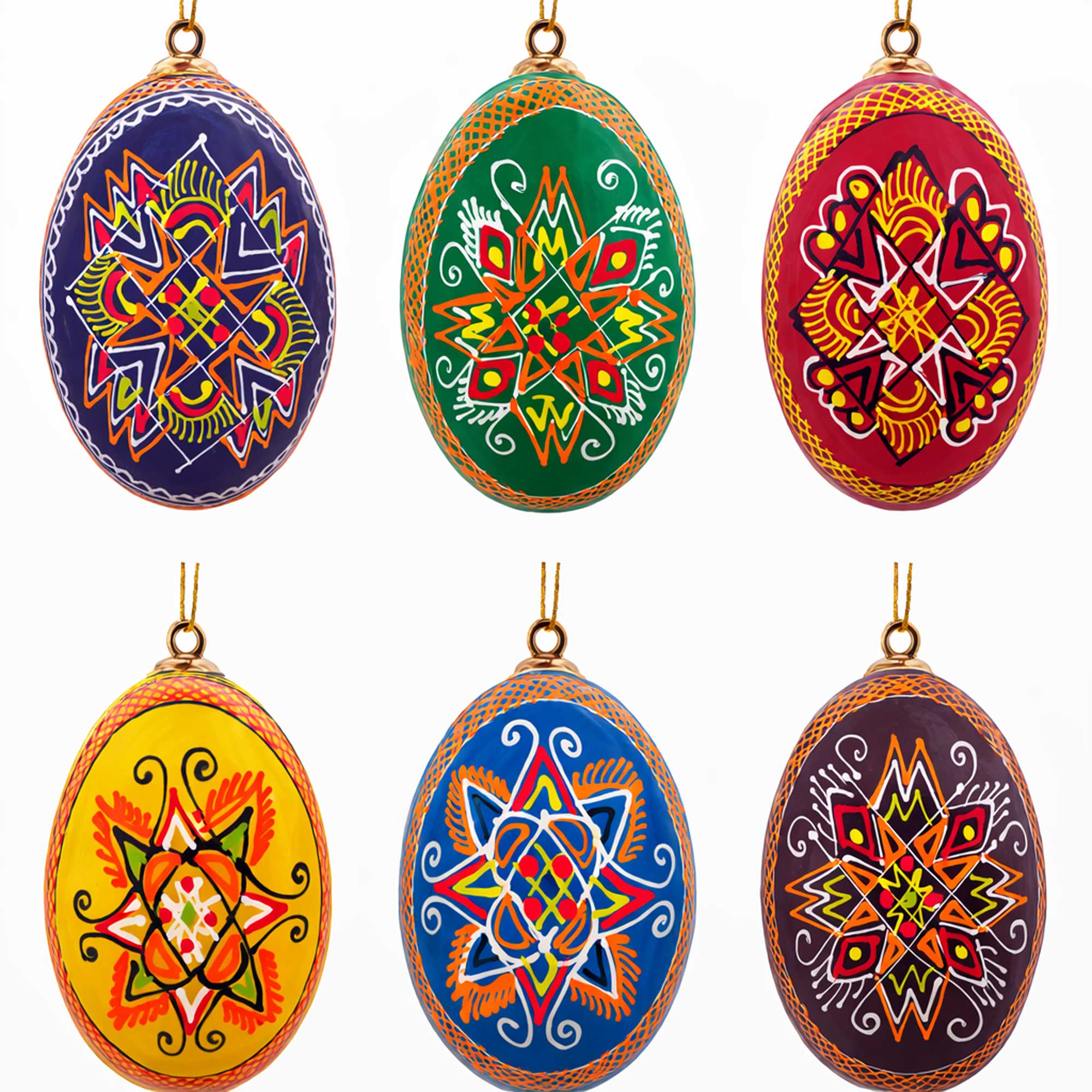 Set of 6 Hand Painted Wooden Ukrainian Easter Egg Ornaments 2.5 Inches in Multi color Oval
