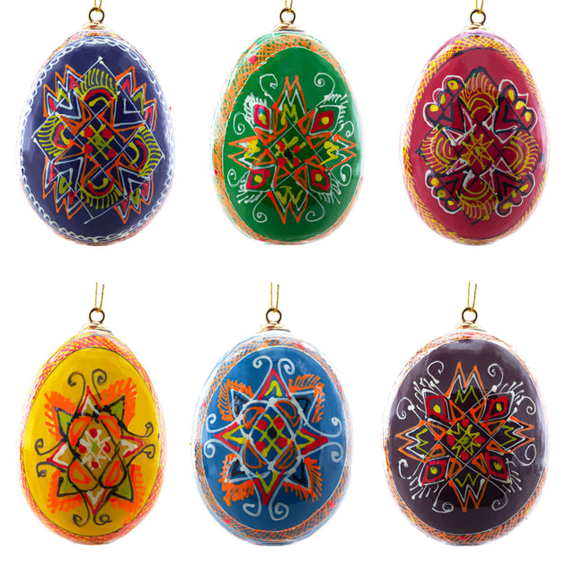 Set of 6 Hand Painted Wooden Ukrainian Easter Egg Ornaments 2.5 Inches in Multi color, Oval shape