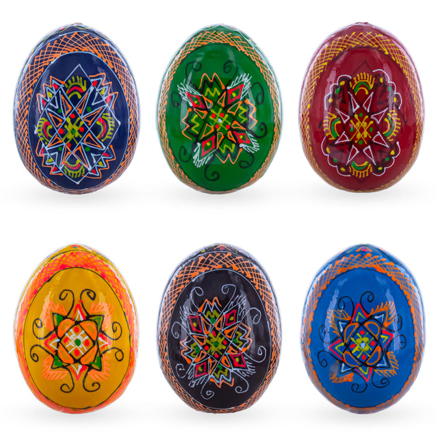 Set of 6 Multicolor Ukrainian Pysanky Wooden Easter Eggs 2.5 Inches in Multi color Oval