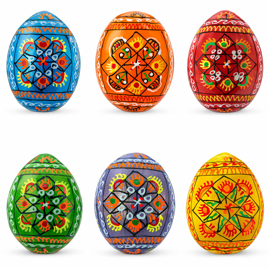Set of 6 Pearlized Ukrainian Pysanky Wooden Easter Eggs 2.5 Inches in Multi color Oval