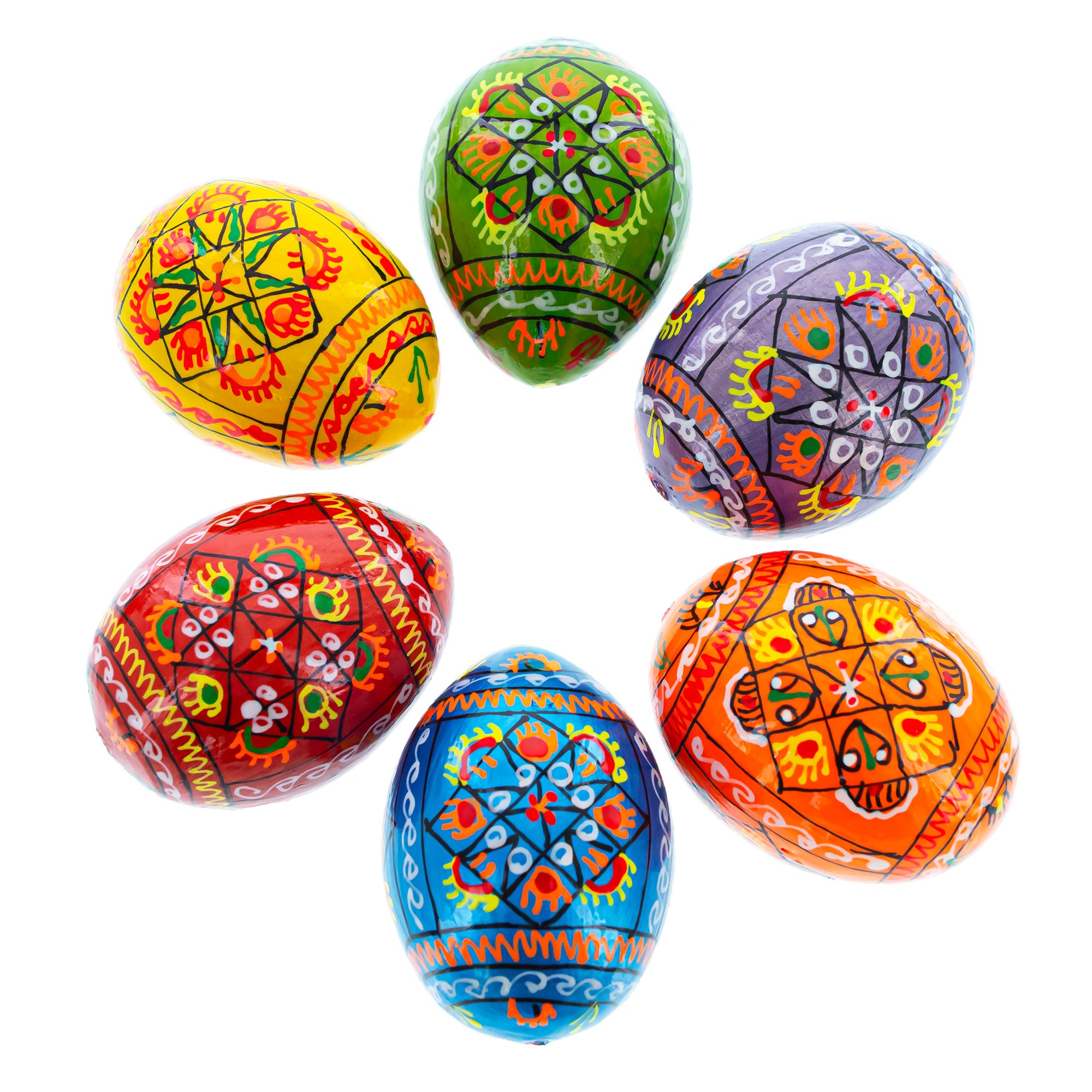 Set of 6 Pearlized Ukrainian Pysanky Wooden Easter Eggs 2.5 InchesUkraine , dimensions in inches: 2.25 x 1.75 x 1.75