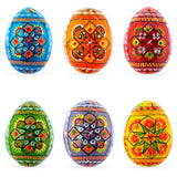 Set of 6 Pearlized Ukrainian Pysanky Wooden Easter Eggs 2.25 Inches in Multi color, Oval shape