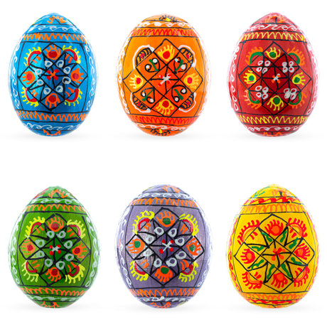 Set of 6 Pearlized Ukrainian Pysanky Wooden Easter Eggs 2.25 Inches in Multi color, Oval shape