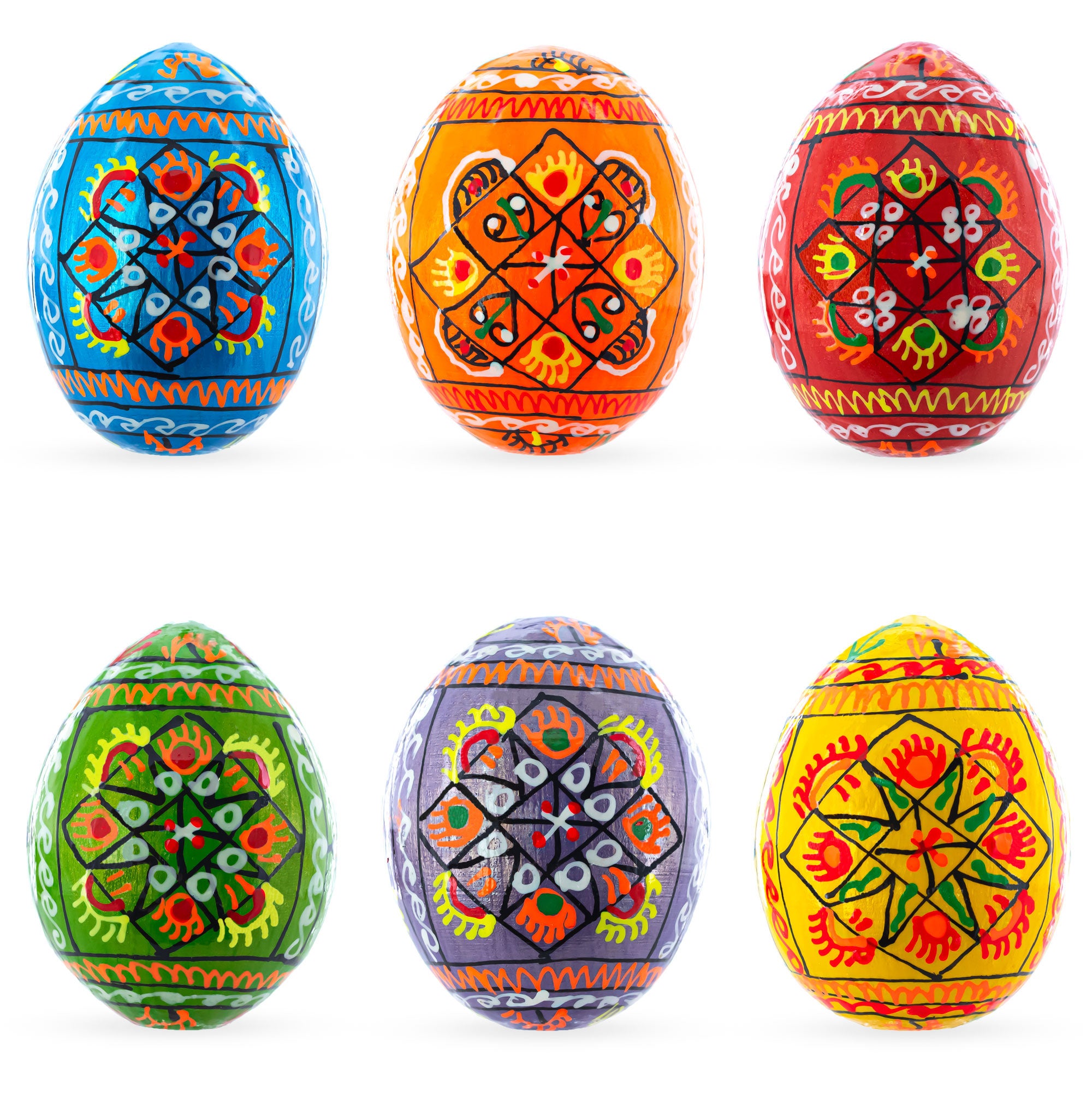 Set of 6 Pearlized Ukrainian Pysanky Wooden Easter Eggs 2.5 Inches in Multi color Oval