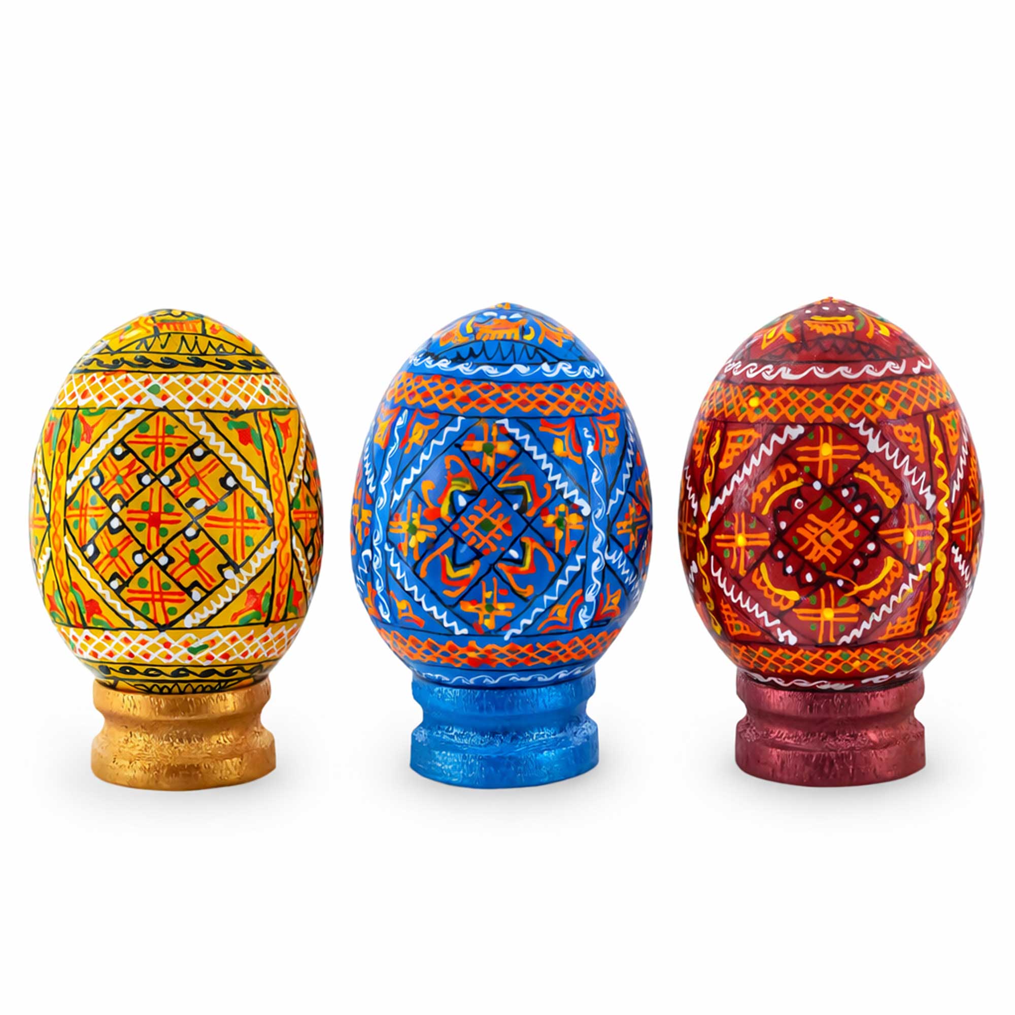 Set of 3 Colorful Geometric Ukrainian Pysanky Wooden Easter Eggs with Stands in Multi color Oval
