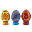 Set of 3 Colorful Geometric Ukrainian Pysanky Wooden Easter Eggs with Stands in Multi color Oval