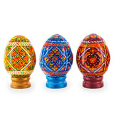 Set of 3 Colorful Geometric Ukrainian Pysanky Wooden Easter Eggs with Stands in Multi color Oval