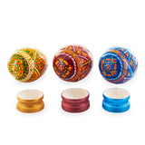 Set of 3 Colorful Geometric Ukrainian Pysanky Wooden Easter Eggs with StandsUkraine , dimensions in inches: 2.5 x 1.85 x 1.85