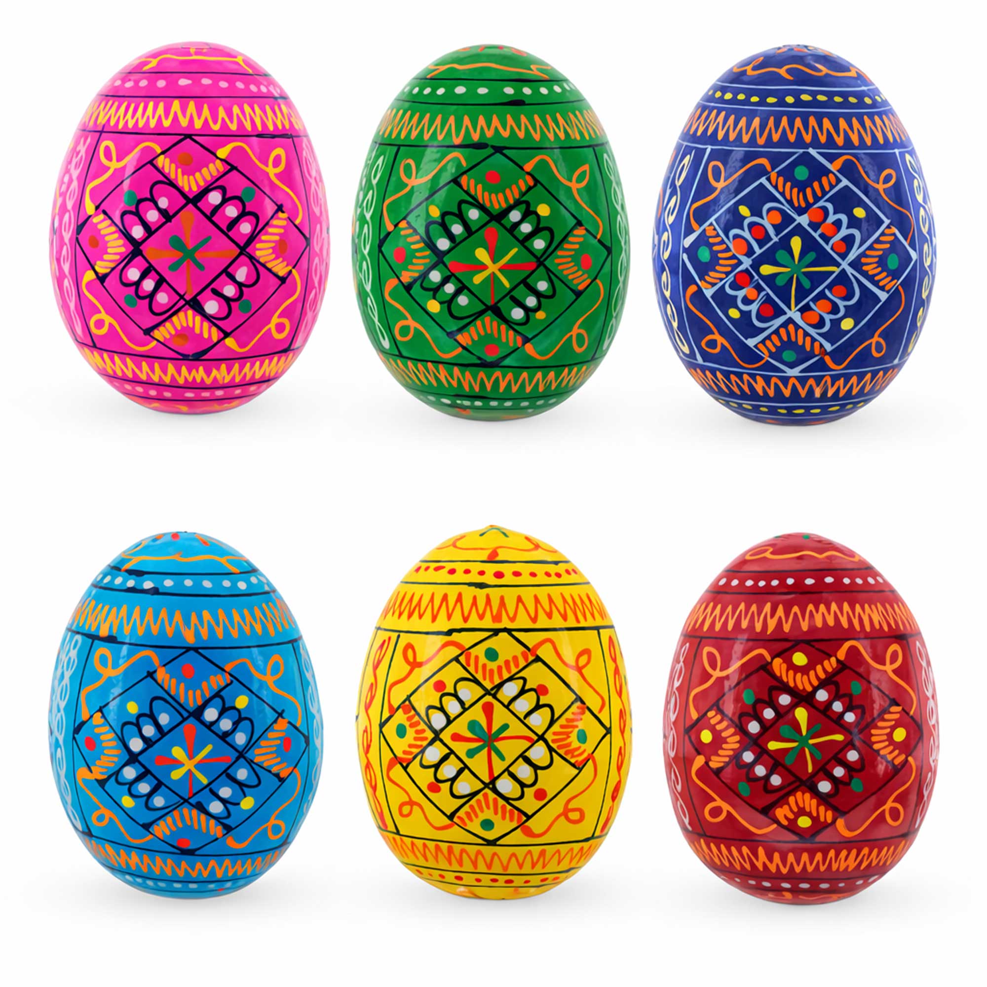 Set of 6 Ukrainian Geometric Wooden Easter Eggs 2.5 Inches in Multi color Oval