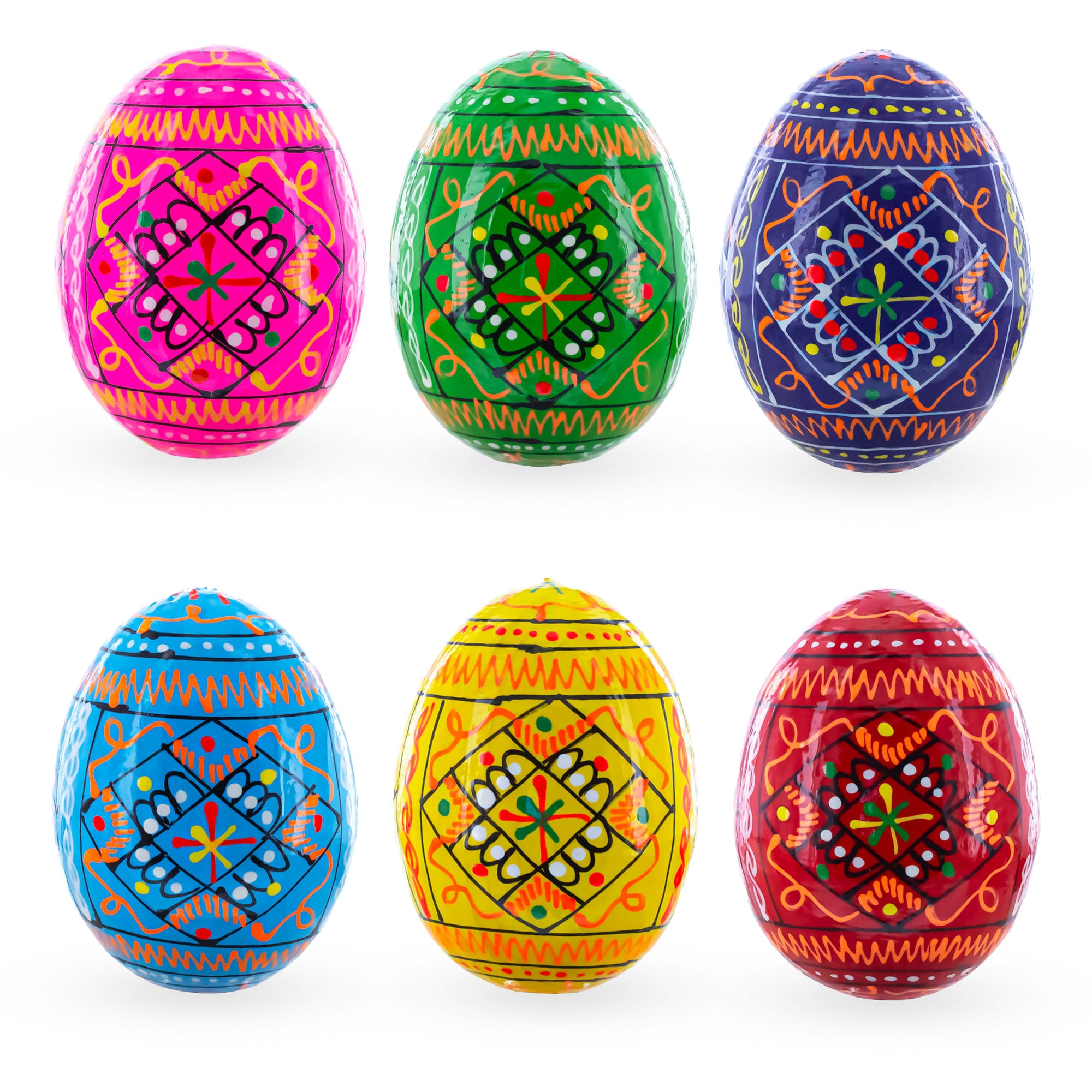 Set of 6 Geometric Ukrainian Pysanky Wooden Easter Eggs 2.5 Inches in Multi color Oval