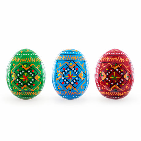 Set of 3 Vibrant Geometric Ukrainian Pysanky Wooden Easter Eggs 2.5 Inches in Multi color Oval