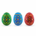 Set of 3 Vibrant Geometric Ukrainian Pysanky Wooden Easter Eggs 2.5 Inches in Multi color Oval