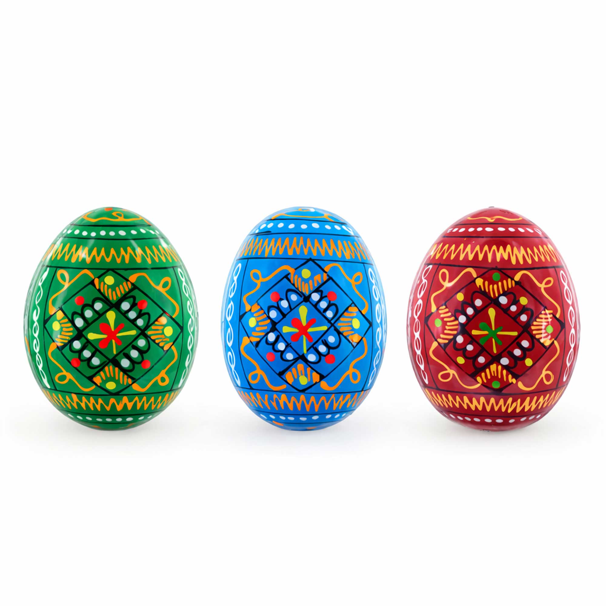 Set of 3 Vibrant Geometric Ukrainian Pysanky Wooden Easter Eggs 2.5 Inches in Multi color Oval