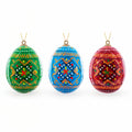 Set of 3 Vibrant Geometric Ukrainian Pysanky Wooden Easter Egg Ornaments 2.5 Inches in Multi color Oval