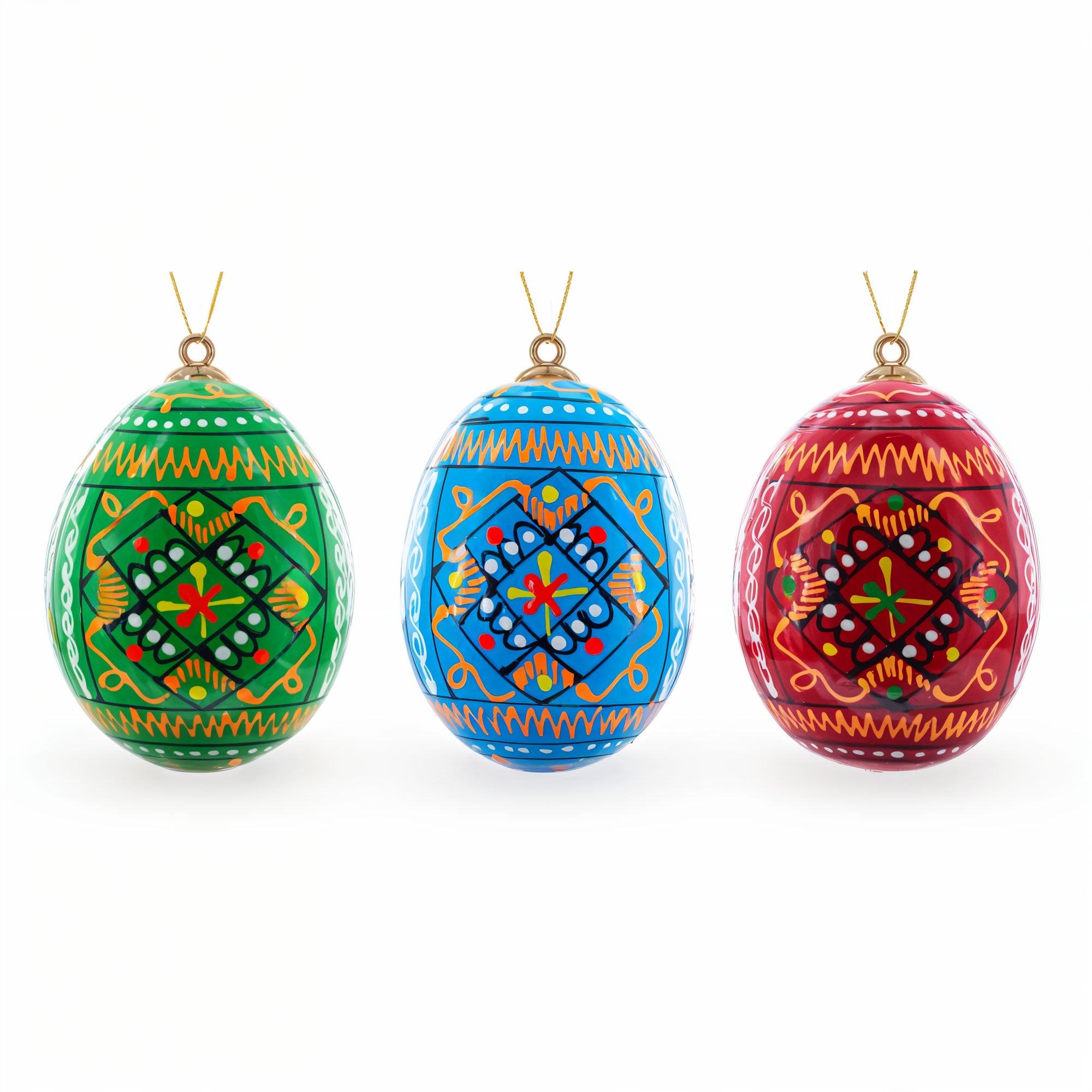 Set of 3 Vibrant Geometric Ukrainian Pysanky Wooden Easter Egg Ornaments 2.5 Inches in Multi color Oval