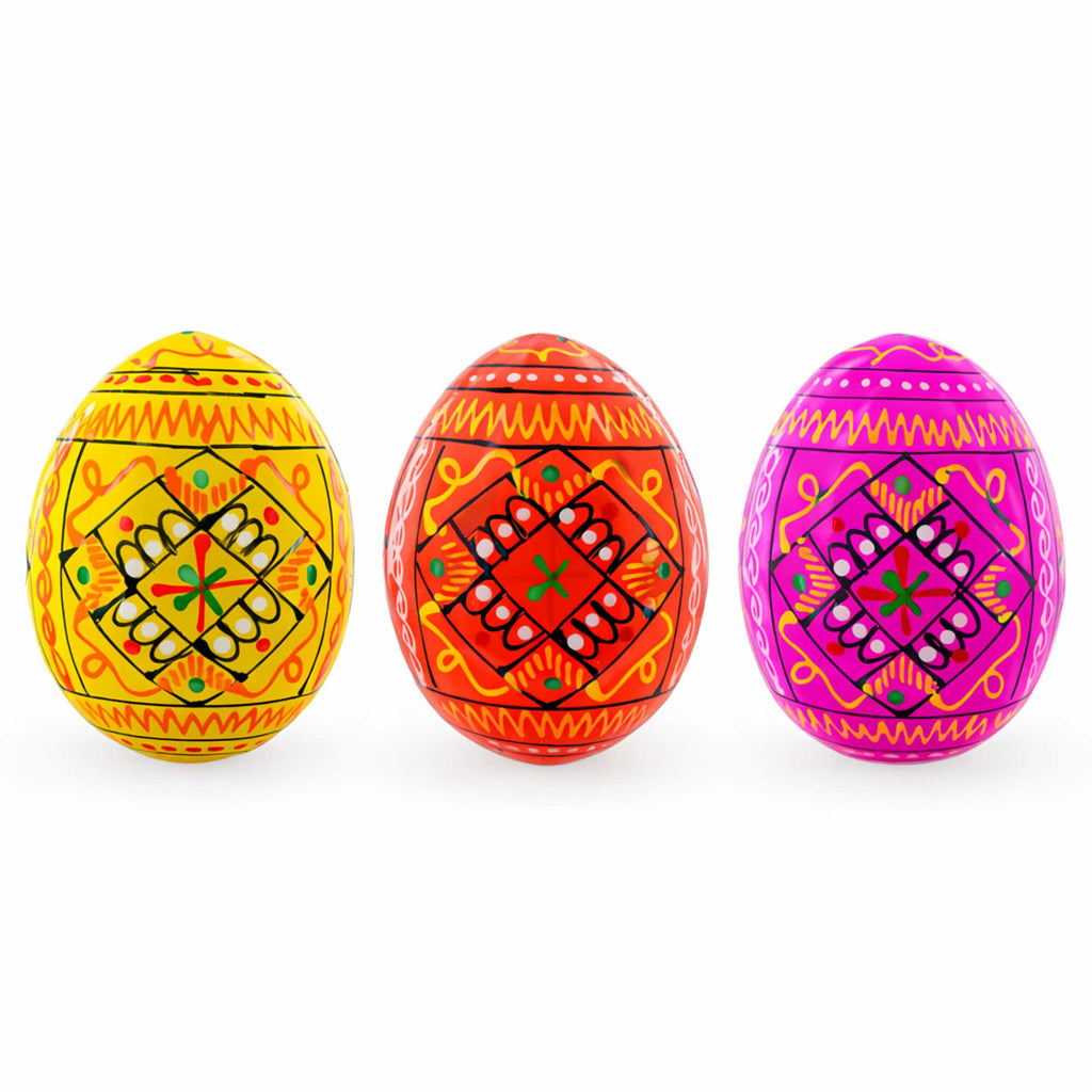 Set of 3 Yellow, Pink, Orange Geometric Ukrainian Pysanky Wooden Easter Eggs 2.5 Inches in Multi color Oval