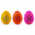 Set of 3 Yellow, Pink, Orange Geometric Ukrainian Pysanky Wooden Easter Eggs 2.5 Inches in Multi color Oval