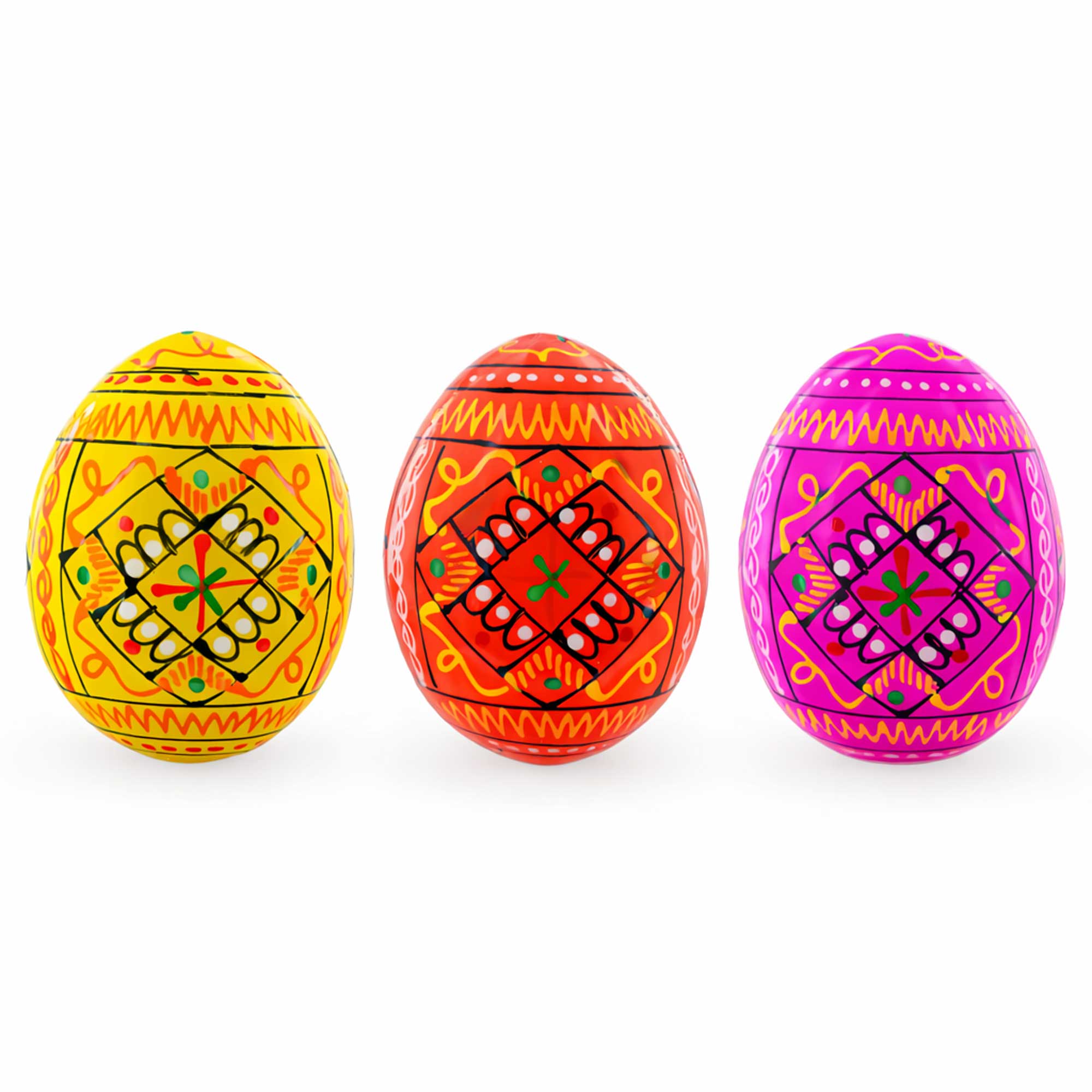 Set of 3 Yellow, Pink, Orange Geometric Ukrainian Pysanky Wooden Easter Eggs 2.5 Inches in Multi color Oval