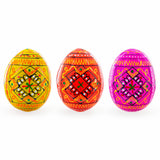 Set of 3 Yellow, Pink, Orange Geometric Ukrainian Pysanky Wooden Easter Eggs 2.5 Inches in Multi color Oval