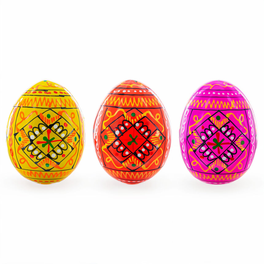 Set of 3 Yellow, Pink, Orange Geometric Ukrainian Pysanky Wooden Easter Eggs 2.5 Inches in Multi color Oval