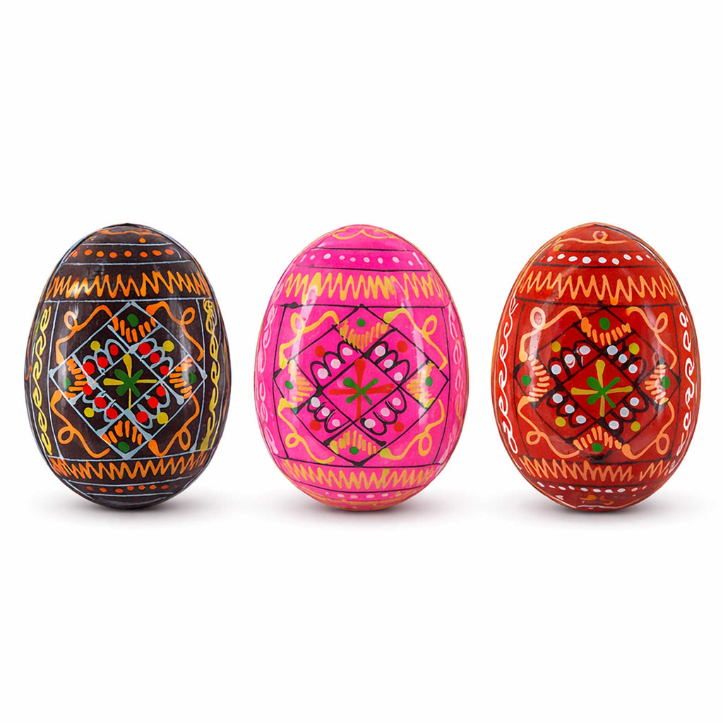 Set of 3 Red Shades Geometric Ukrainian Pysanky Wooden Easter Eggs 2.5 Inches in Multi color Oval