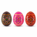 Set of 3 Red Shades Geometric Ukrainian Pysanky Wooden Easter Eggs 2.5 Inches in Multi color Oval