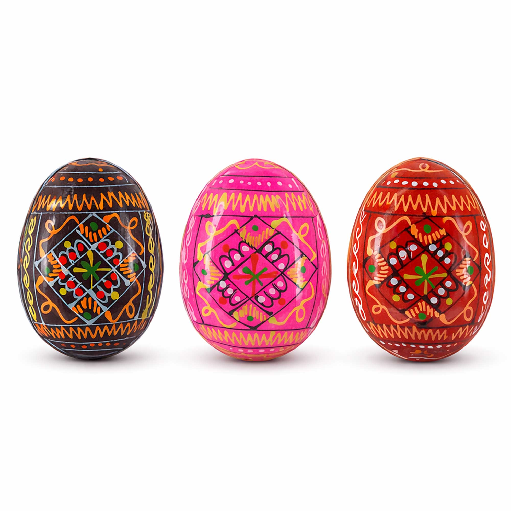 Set of 3 Red Shades Geometric Ukrainian Pysanky Wooden Easter Eggs 2.5 Inches in Multi color Oval