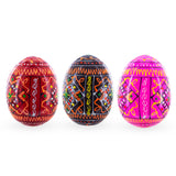 Set of 3 Red Shades Geometric Ukrainian Pysanky Wooden Easter Eggs 2.5 Inches in Multi color Oval