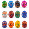 Set of 12 Mini Geometric Ukrainian Pysanky Wooden Easter Eggs 1.6 Inches in Multi color Oval