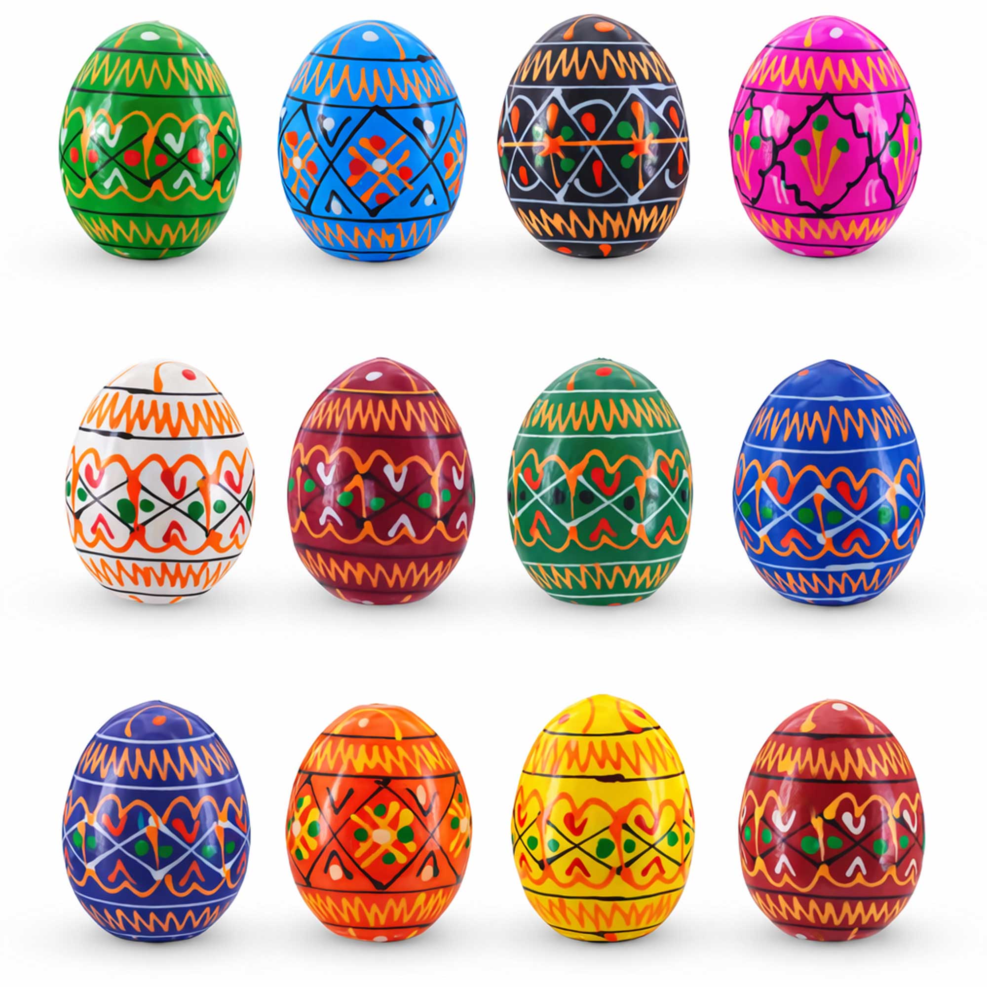 Set of 12 Mini Geometric Ukrainian Pysanky Wooden Easter Eggs 1.6 Inches in Multi color Oval