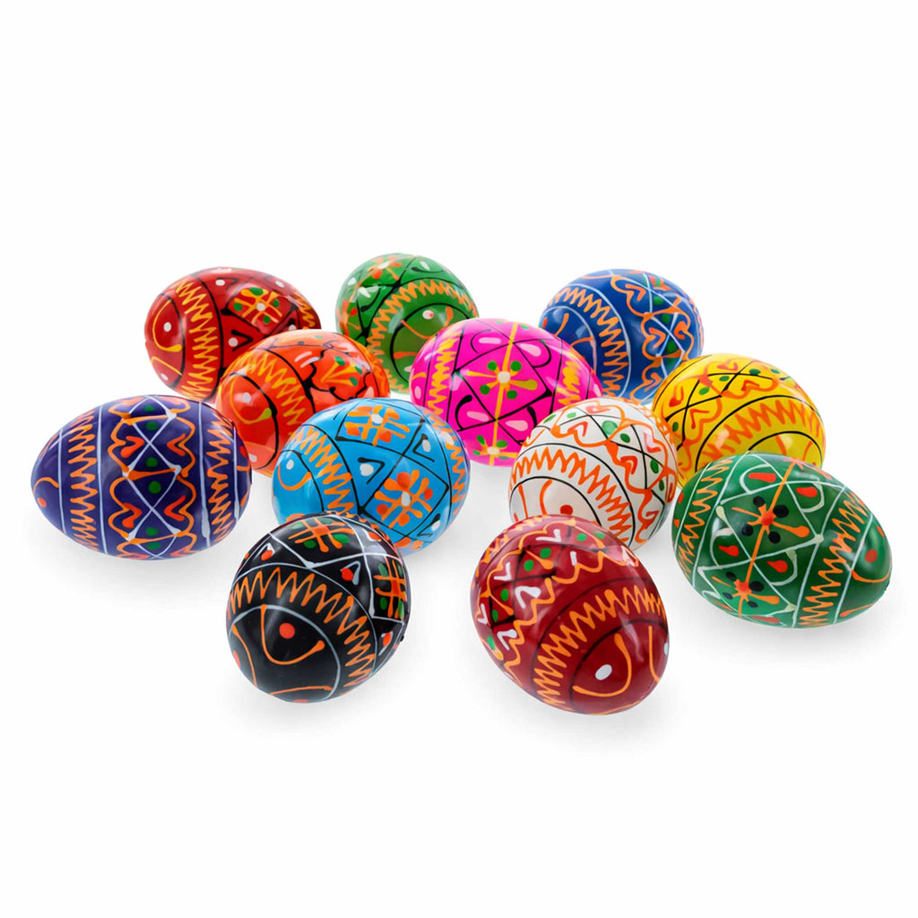 Set of 12 Mini Geometric Ukrainian Pysanky Wooden Easter Eggs 1.6 InchesUkraine , dimensions in inches: 2.5 x 1.85 x 1.85