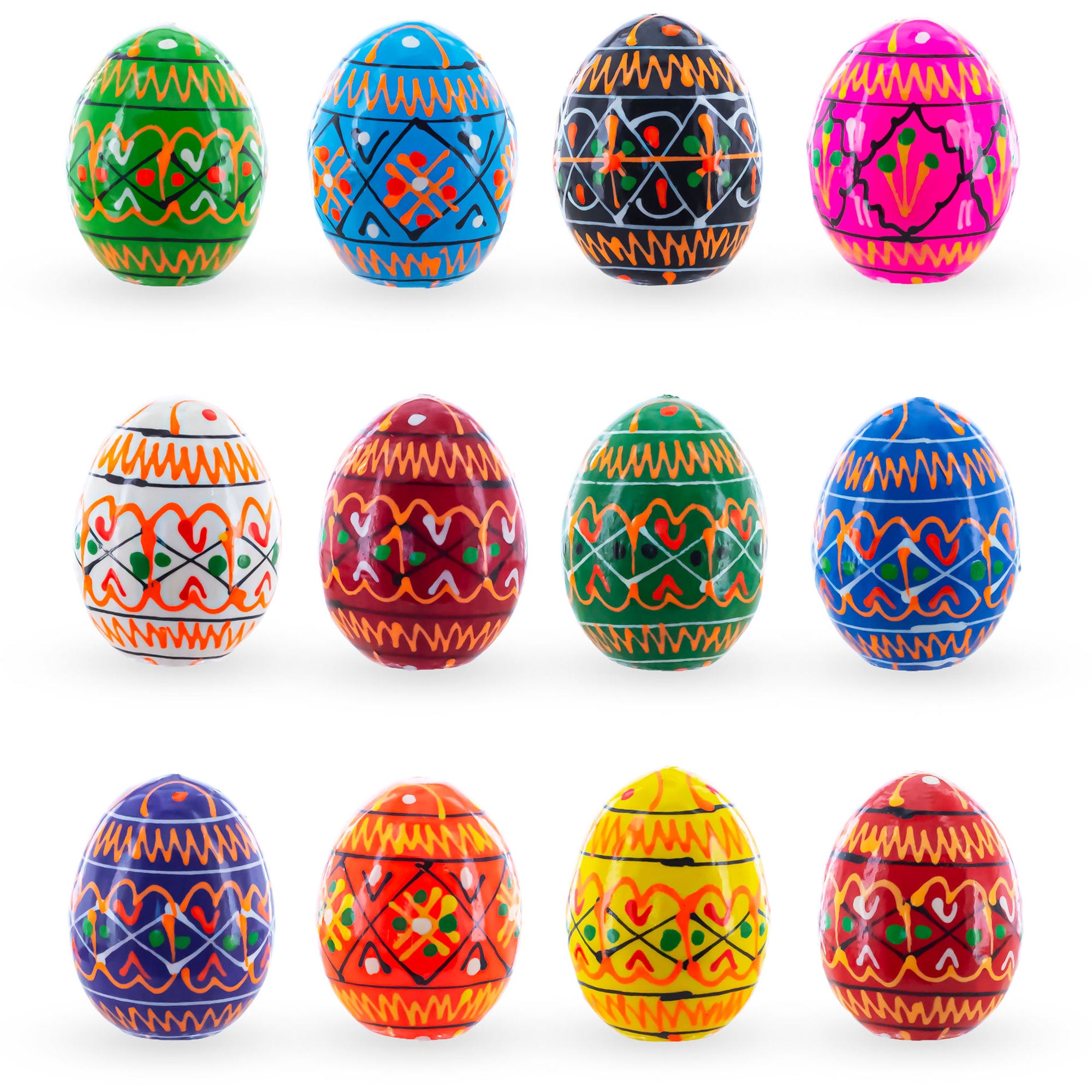 Set of 12 Mini Geometric Ukrainian Pysanky Wooden Easter Eggs 1.6 Inches in Multi color Oval
