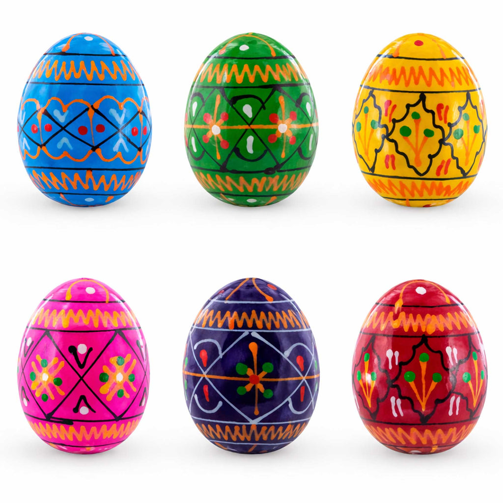 Set of 6 Mini Geometric Ukrainian Pysanky Wooden Easter Eggs 1.6 Inches in Multi color Oval