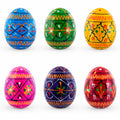 Set of 6 Mini Geometric Ukrainian Pysanky Wooden Easter Eggs 1.6 Inches in Multi color Oval