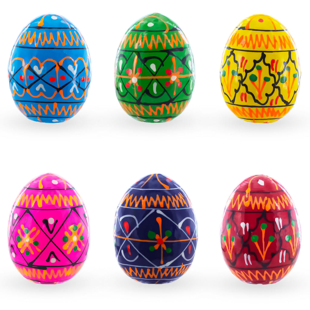 Set of 6 Mini Geometric Ukrainian Pysanky Wooden Easter Eggs 1.6 Inches in Multi color Oval