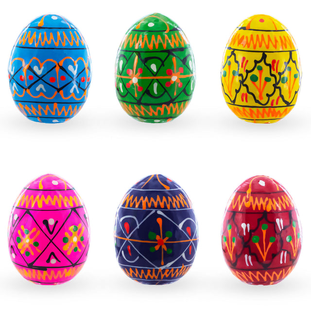 Set of 6 Mini Geometric Ukrainian Pysanky Wooden Easter Eggs 1.6 Inches in Multi color Oval