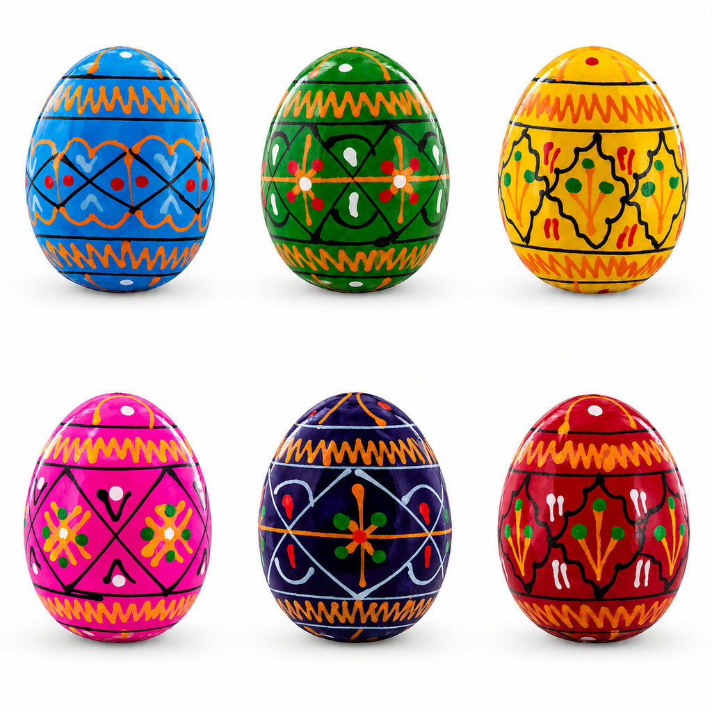 Set of 6 Mini Ukrainian Hand Painted Pysanky Wooden Easter Eggs 1.6 Inches in Multi color Oval