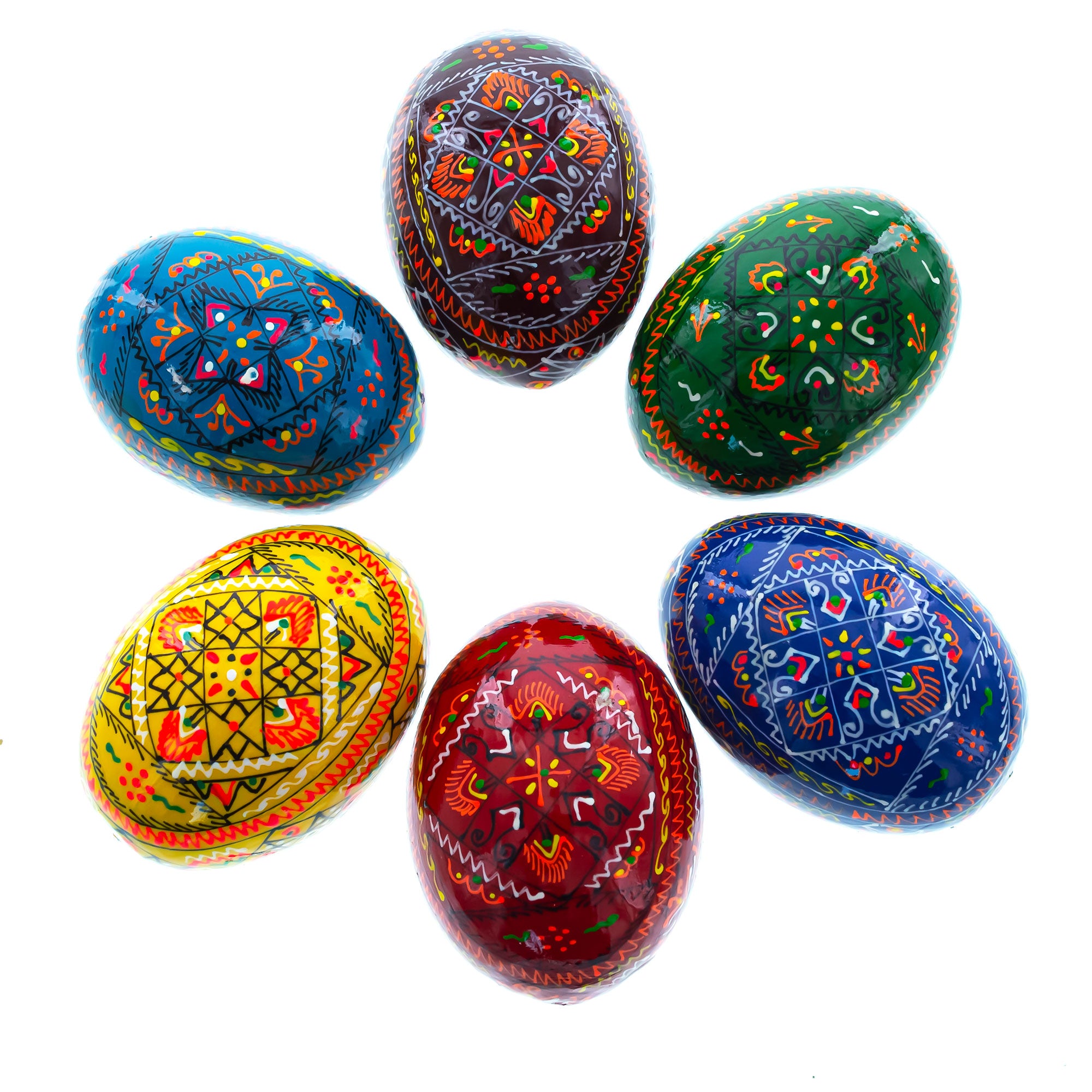 Set of 6 Traditional Ukrainian Pysanky Wooden Easter Eggs 2.5 InchesUkraine , dimensions in inches: 2.25 x 1.75 x 1.75